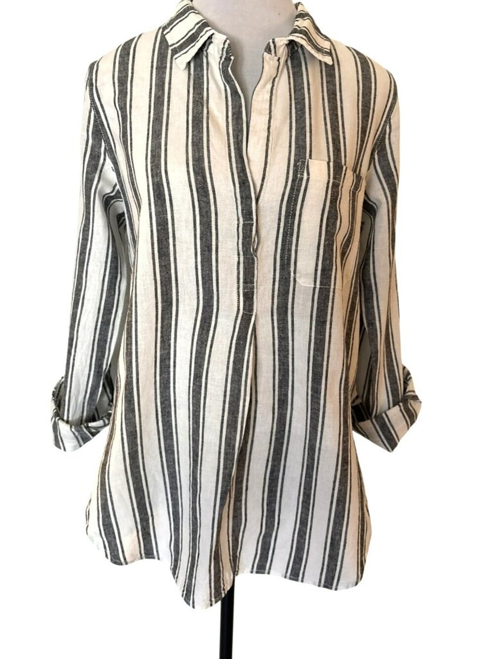 Sanctuary Striped Linen-Cotton Roll-Tab Sleeves Front Pocket Top Size Small